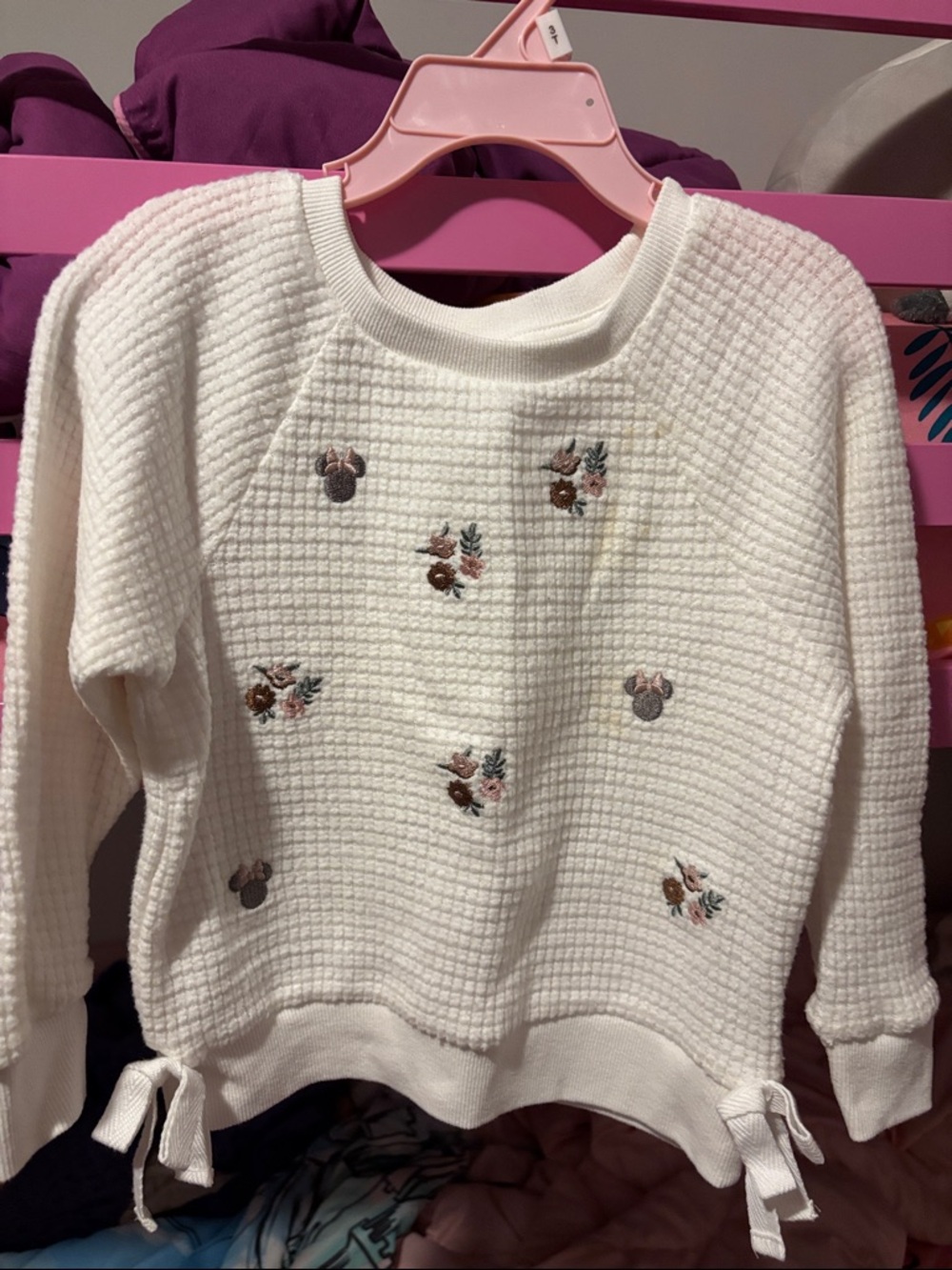 Girls' Cream Embroidered Waffle-Knit Sweatshirt with Side Ties